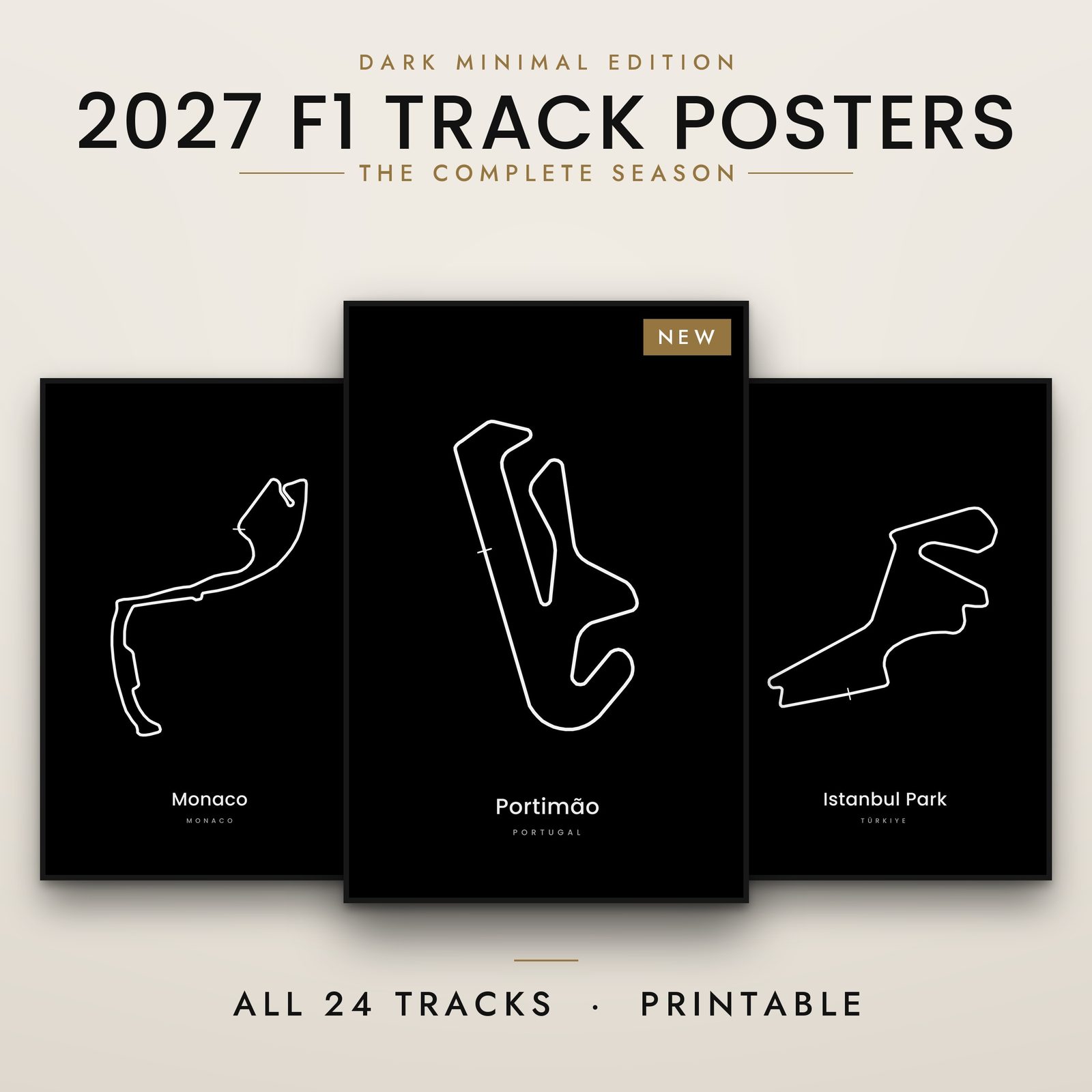 F1 track poster bundle 2027 black minimal 24 tracks Portimão Istanbul Park