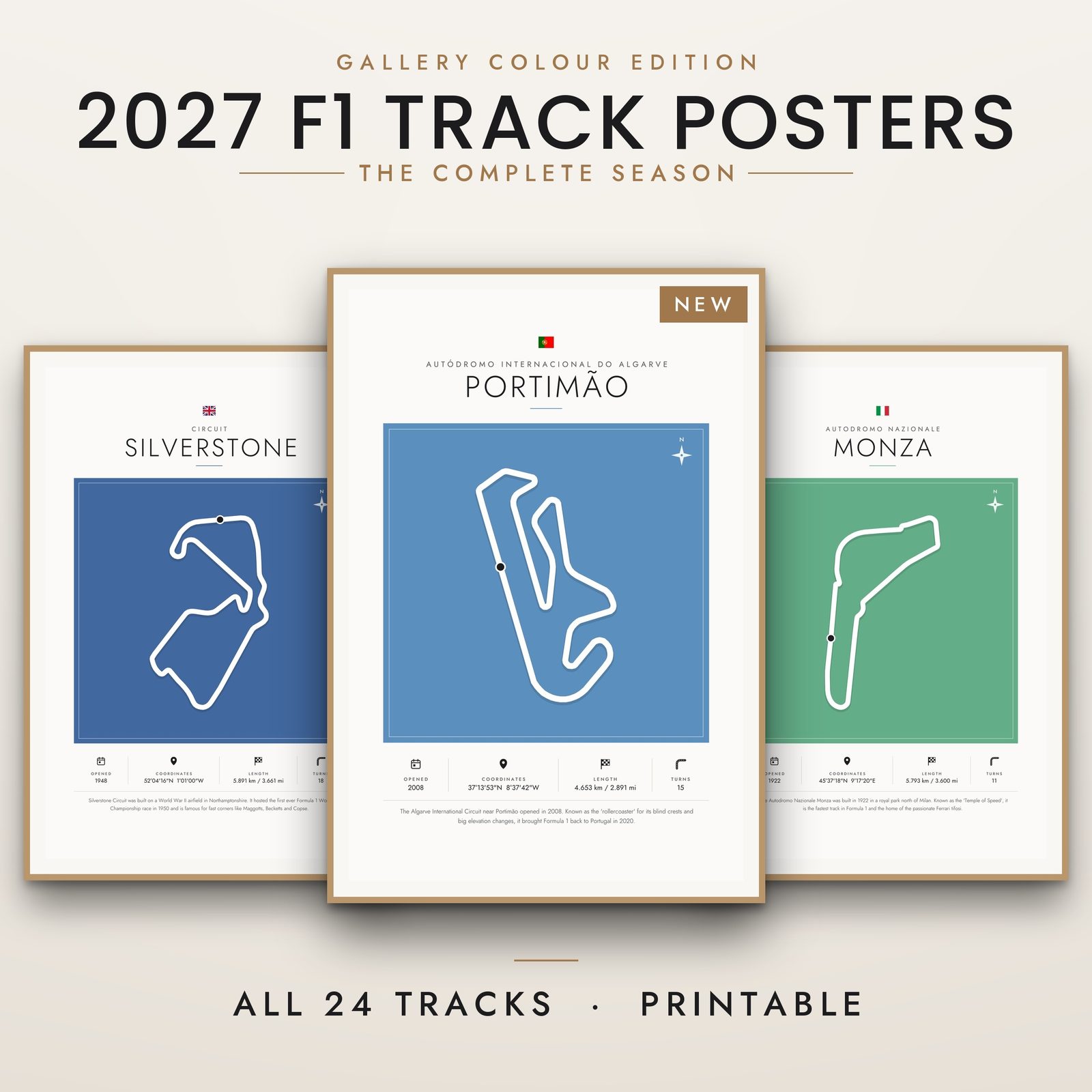 F1 track poster bundle 2027 colour block 24 tracks Portimão silverstone monza