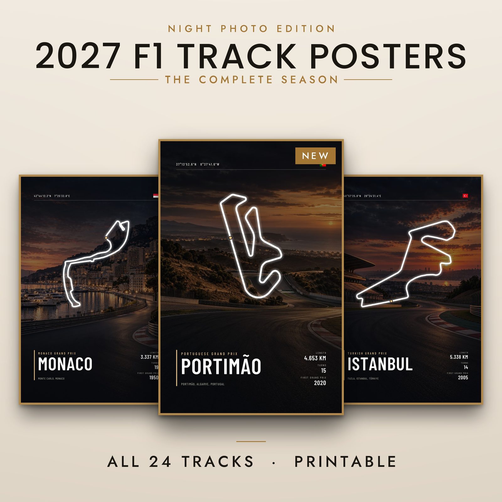F1 track poster bundle 2027 night photo 24 tracks Portimão Istanbul Park